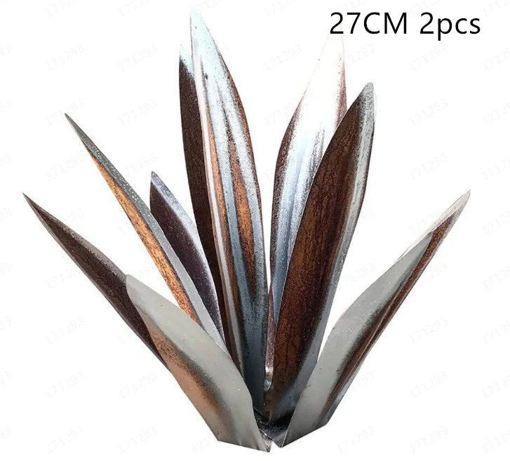 Handmade tequila agave metal sculpture in rustic finish with blue highlights