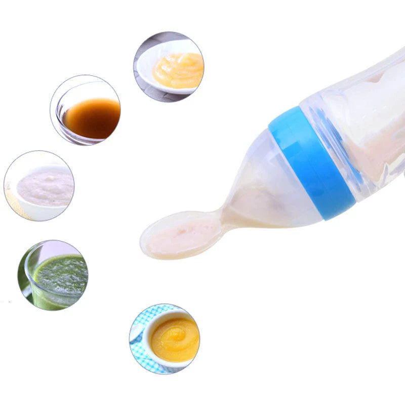 Premium silicone baby feeding set with spoon and bottle in various vibrant colours