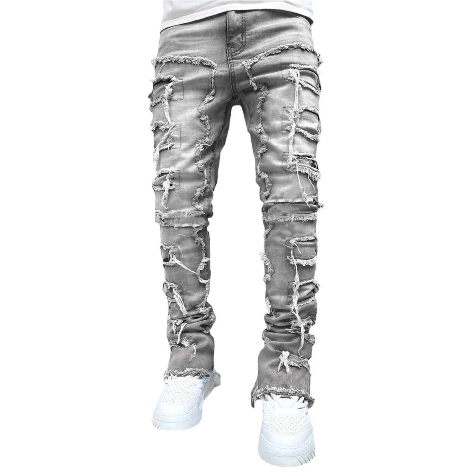 Stylish patched jeans with tight fit and stacked leg design in a variety of fashionable colors