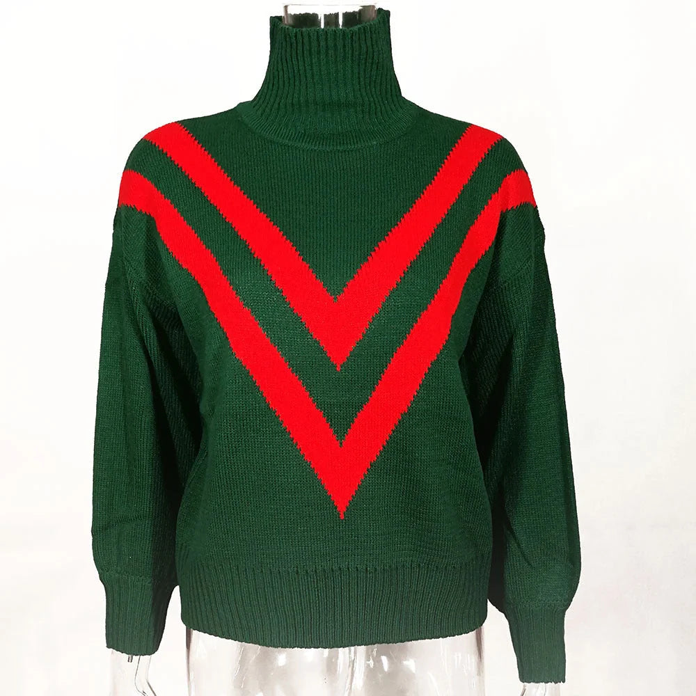 A green turtleneck sweater with a high collar, relaxed fit, and vintage-inspired design, perfect for British fashion enthusiasts.