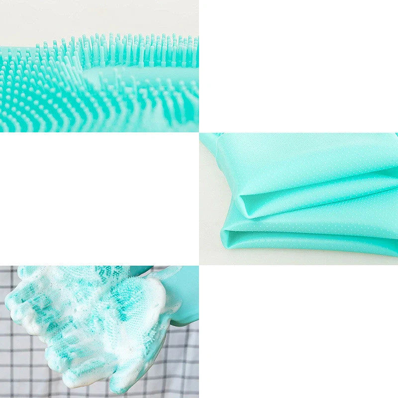 Silicone pet grooming glove in green and blue for small dogs and cats