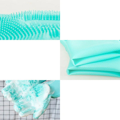 Silicone pet grooming glove in green and blue for small dogs and cats