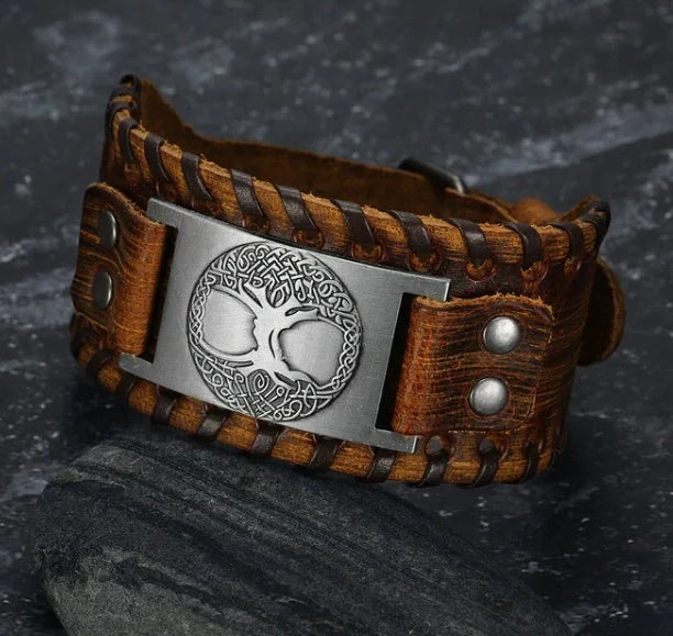 Handcrafted leather arm cuff with Celtic Tree of Life metal design