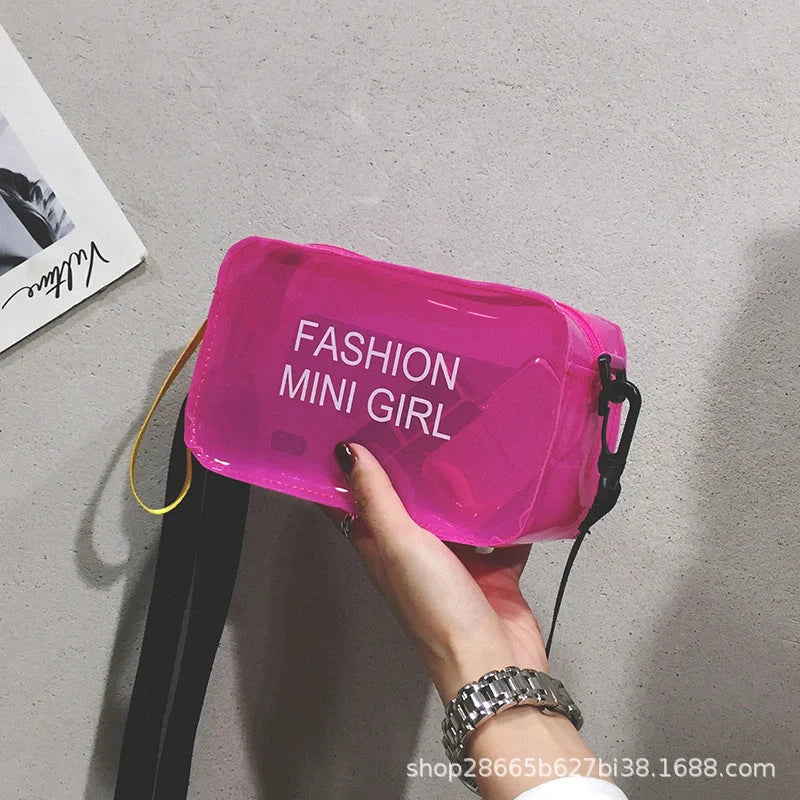Transparent square fashion shoulder bag with adjustable strap and internal phone compartment