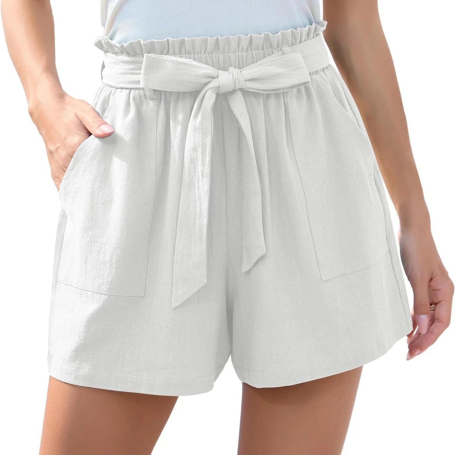 Stylish high waist women's shorts with ruffle bow tie detail and pockets for summer