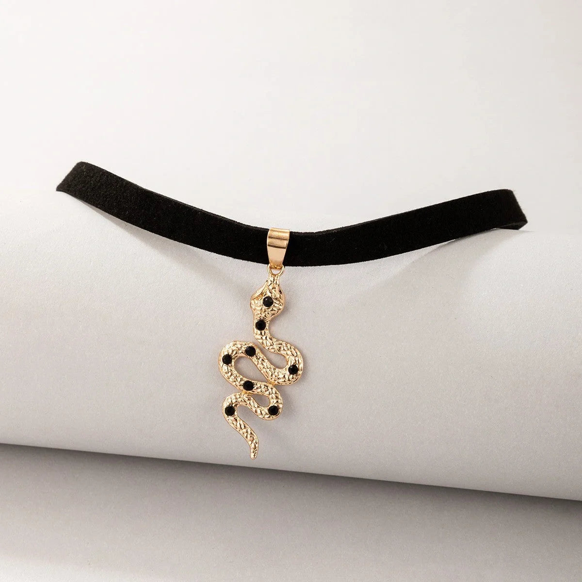 Witchy Gothic Grunge Velvet Choker Necklace in silver and gold with baroque snake design