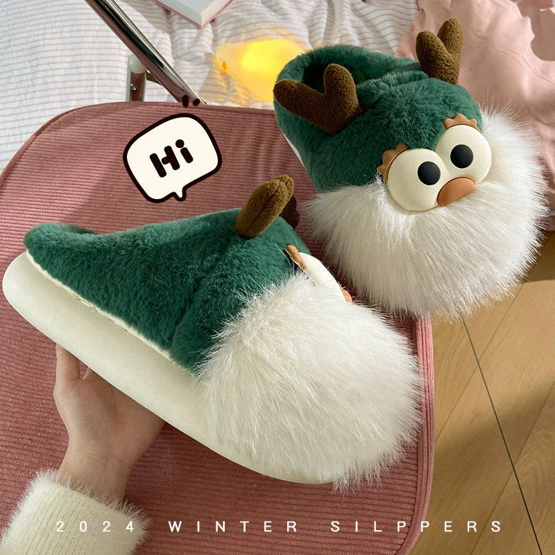 Cozy cartoon deer print slippers with plush lining and half-covered heel design for indoor comfort and warmth