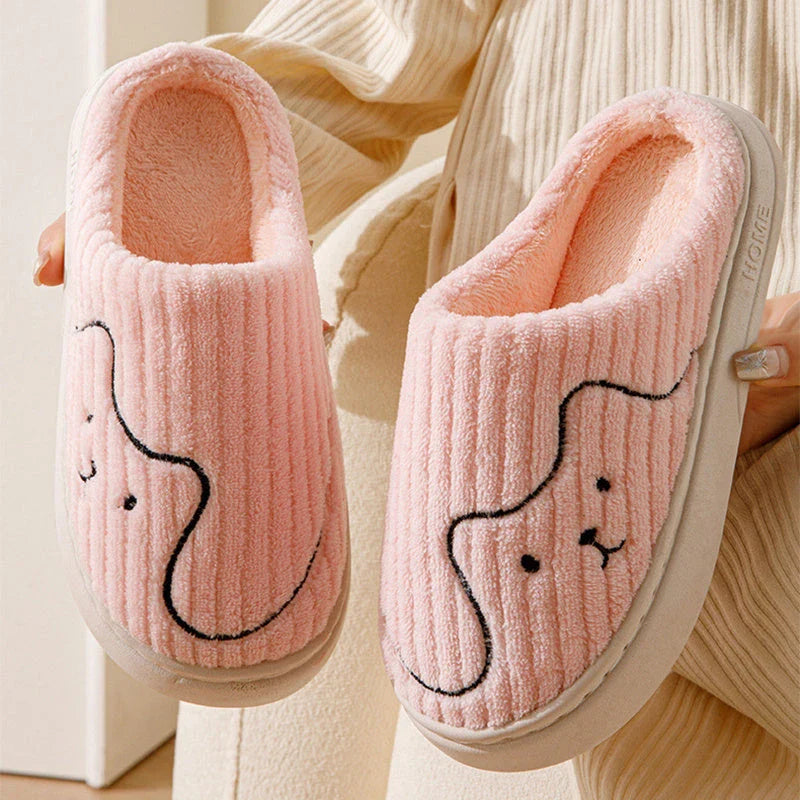 Comfy cat-themed slippers with plush material, striped pattern, and variety of color options