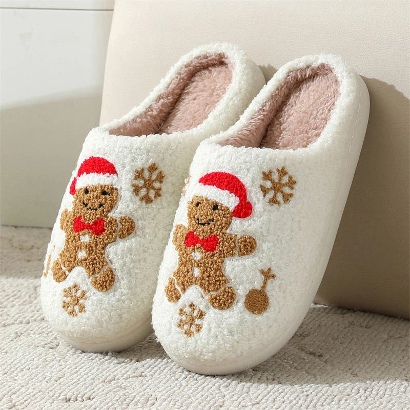 Cozy Christmas snowflake and gingerbread man slippers with plush, non-slip soles for comfortable indoor wear