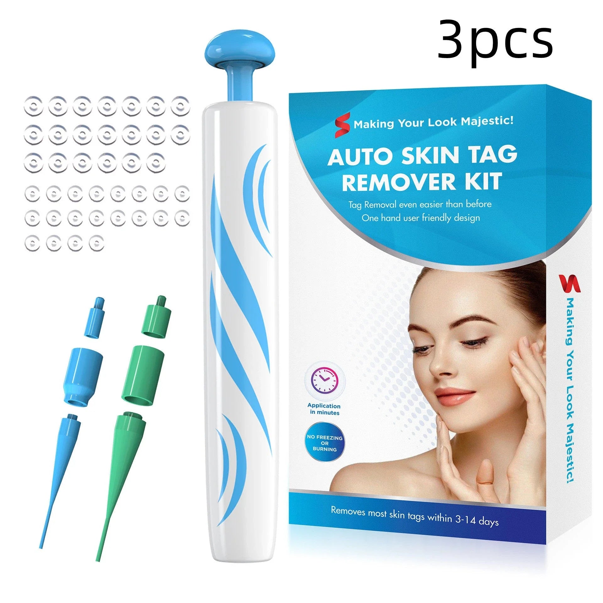 Skin Tag Remover Kit featuring rubber band removal tool, attachments for different tag sizes, and easy-to-clean design for safe at-home use
