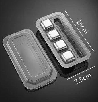Premium stainless steel whisky chilling stones set in various shapes and sizes, including square, circular, heart, and diamond-shaped stones