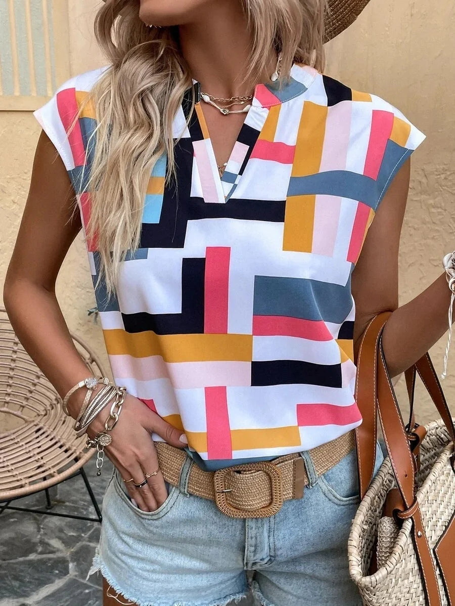 Women's Digital Print Doll Sleeve V-Neck Top in blue, pink, orange, and white