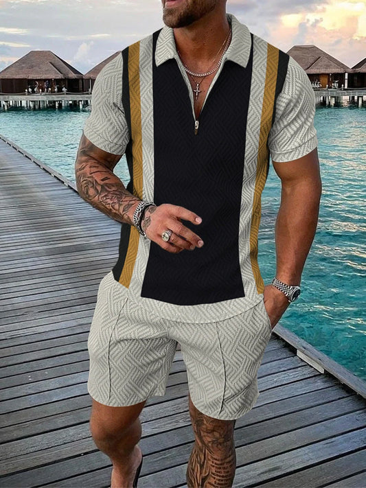 Men's casual contrast polo zip lapel shirt with shorts set in various colours