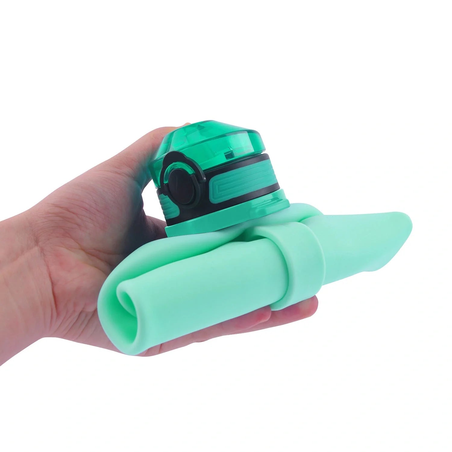 Collapsible silicone water bottle in black, green, and pink with leak-proof cap