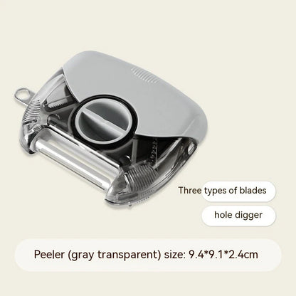 3-in-1 Stainless Steel Peeler Shredder in green and grey with ergonomic handle