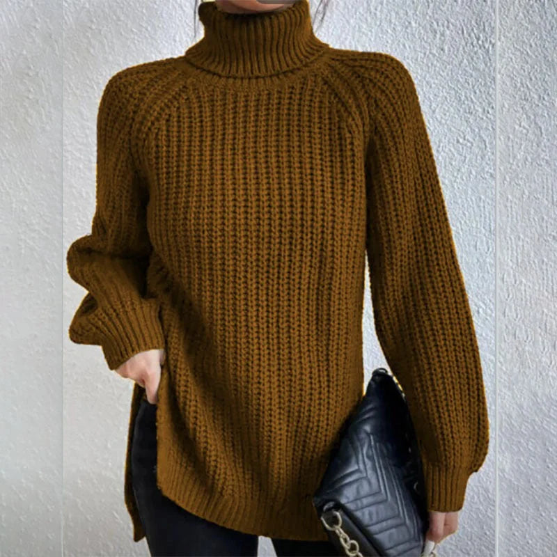 A stylish turtleneck pullover sweater with a unique split design, available in a variety of classic colours and sizes.