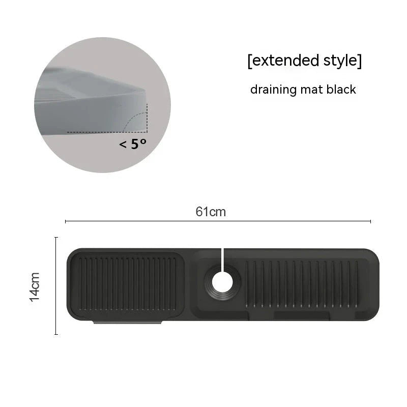 Premium silicone faucet splash guard with sloped design and dual drainage channels to prevent sink splashes and keep countertops dry.