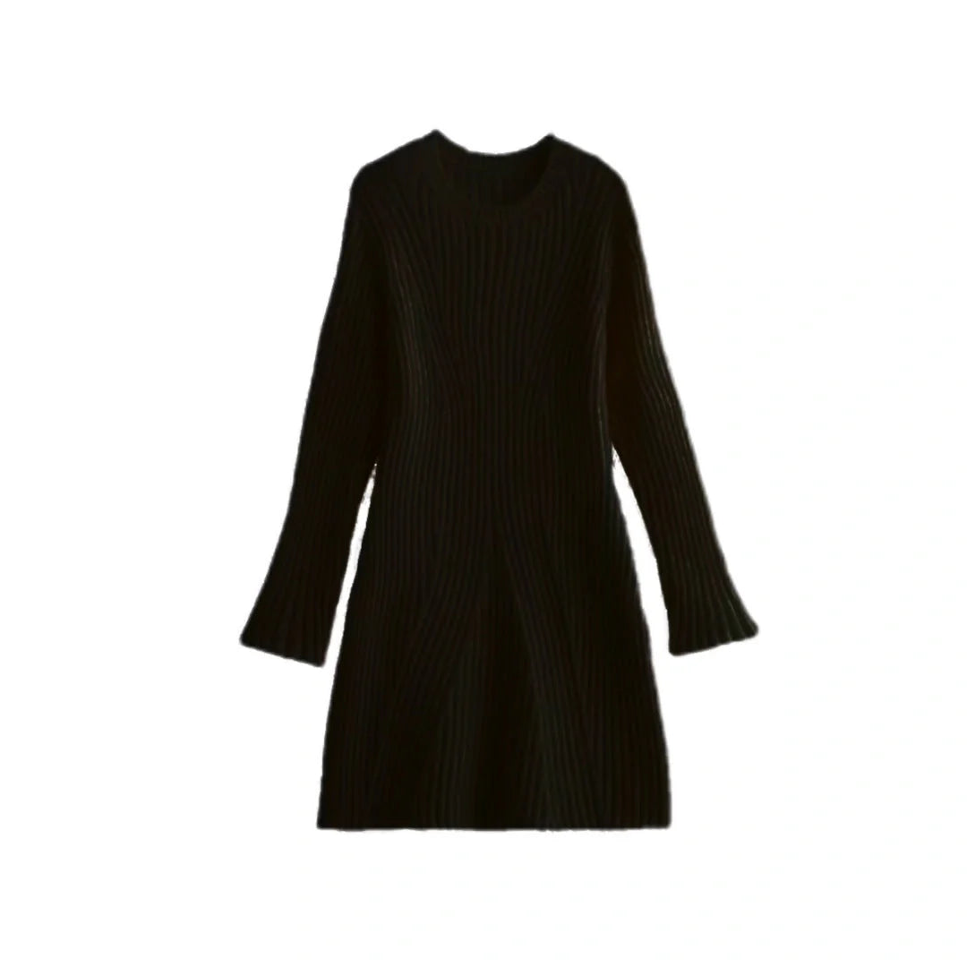 Stylish ribbed knitted dress for women in various colours, featuring a slim fit and stand-up collar.