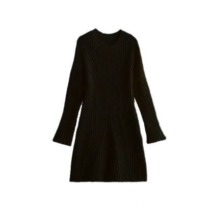 Stylish ribbed knitted dress for women in various colours, featuring a slim fit and stand-up collar.