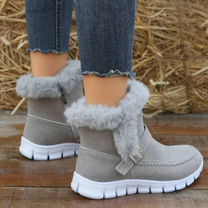Cozy plush ankle boots in various colors with buckle detail and soft artificial fur lining