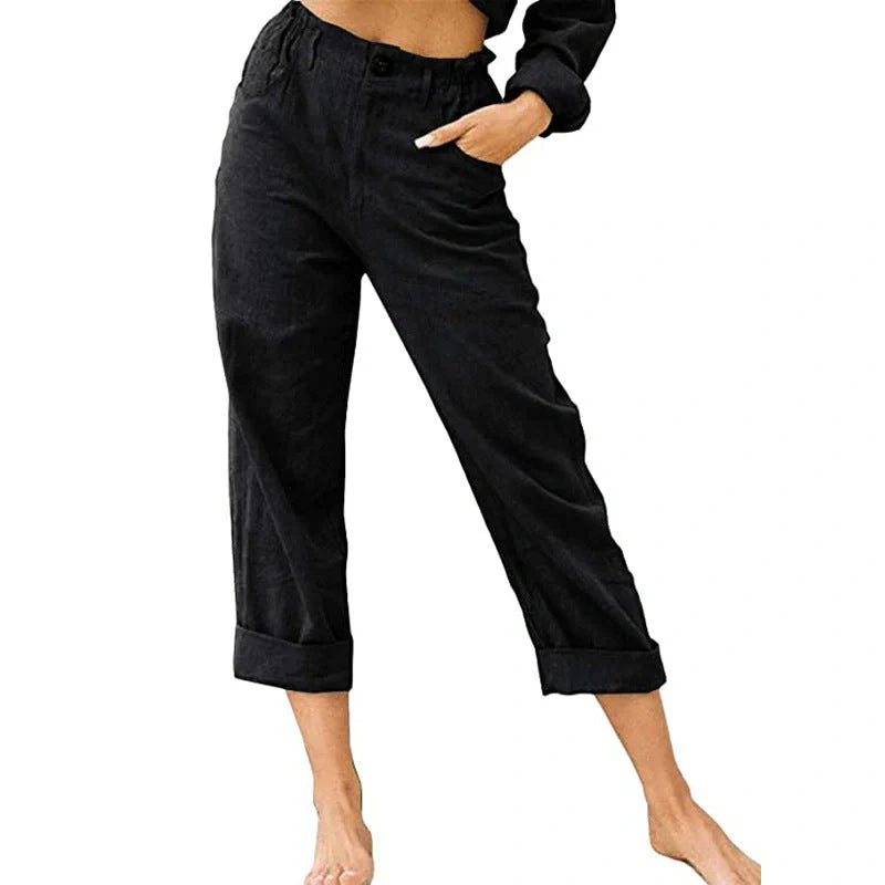 Women's cotton linen patchwork pants with drawstring back and elastic waist in various colours
