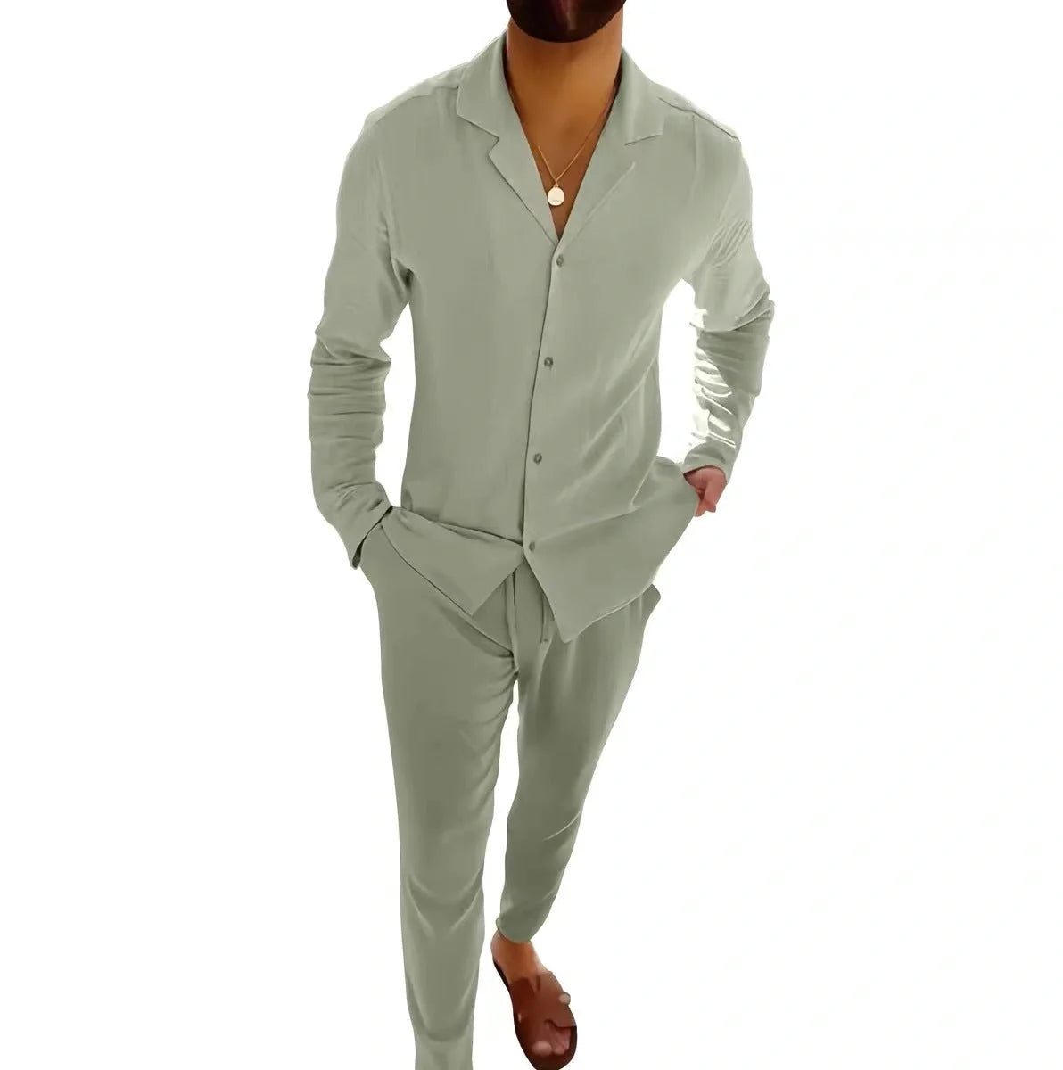 Men's casual long-sleeved suits with single-breasted shirt and slim-fit trousers in various colours
