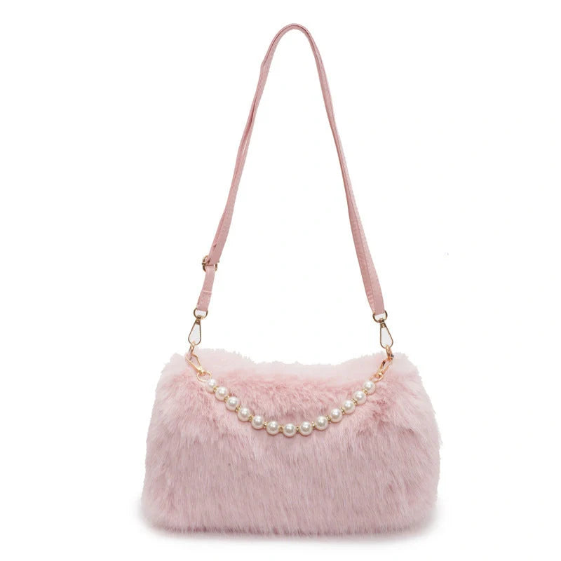 Plush pearl chain crossbody bag in various colours for autumn and winter fashion