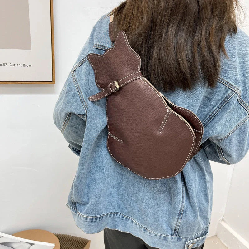 Women's PU leather cat-themed messenger shoulder bag in black, coffee, and brown