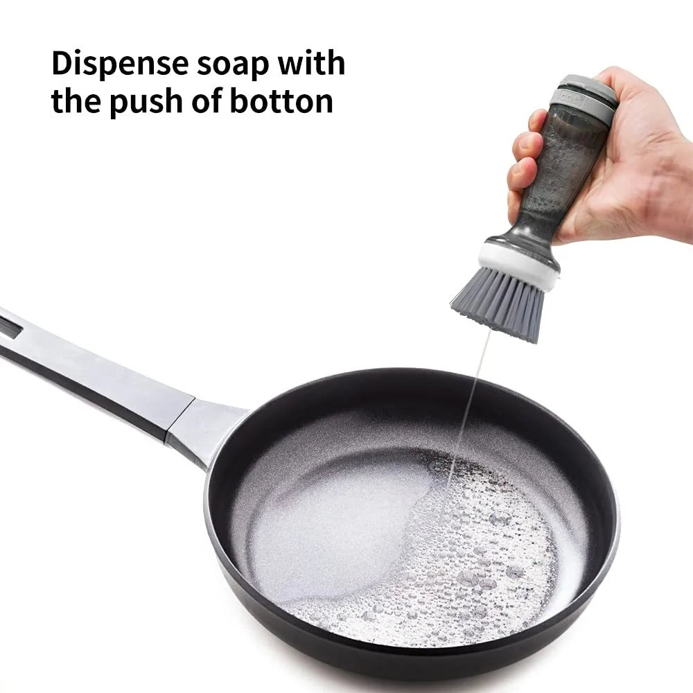Pot brush with soap dispenser in milk white and mint green options