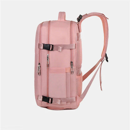 Spacious women's travel backpack with dry and wet compartments, waterproof construction, and comfortable air-cushioned harness