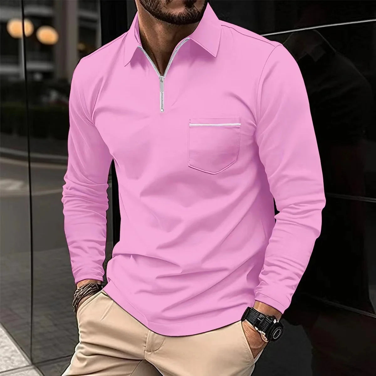 Men's long-sleeved sports polo shirt in various colours for athletic and casual wear
