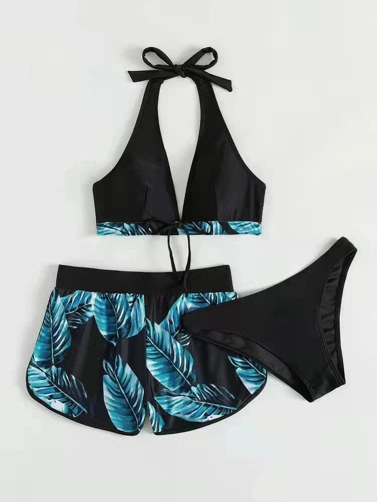 Stylish leaf print bikini with matching shorts in a variety of vibrant colors and patterns