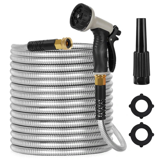 Stainless steel metal garden hose with adjustable spray nozzle, durable and kink-free for easy gardening