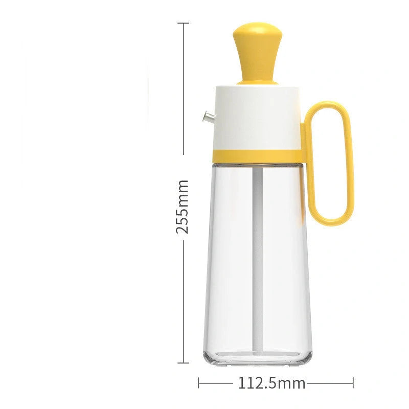 2-in-1 oil dispenser with silicone brush for BBQ and cooking, available in yellow, green, and brown