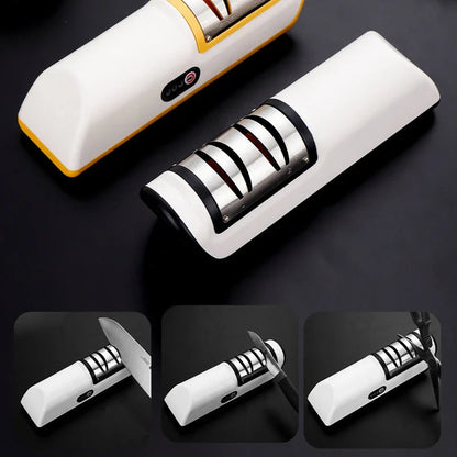 Premium electric knife sharpener with clear, soft-touch surface and precision grinding design for effortless blade sharpening