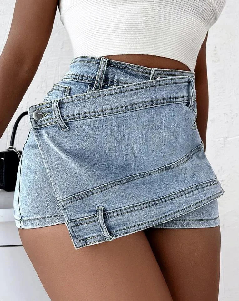 Stylish denim shorts with asymmetrical hem, available in multiple colors and sizes