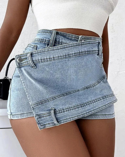 Stylish denim shorts with asymmetrical hem, available in multiple colors and sizes