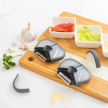 Stainless steel three-in-one multi-function paring knife with rotating blades for peeling and planing
