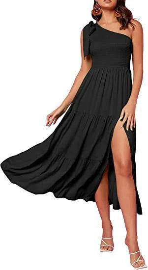 Stylish one-shoulder dress with pleated details, asymmetrical hemline, and leg-baring side slit in various colors