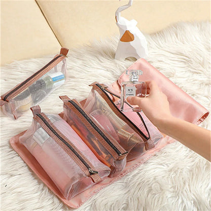 4-in-1 detachable cosmetic bag in green, pink, or black with waterproof material
