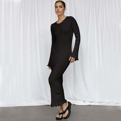 Slim long-sleeved ruffled maxi dress in khaki, black, or white with backless design