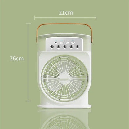 Compact USB-powered evaporative air cooler with 7-color mood lighting, portable design, and powerful fan for personal climate control