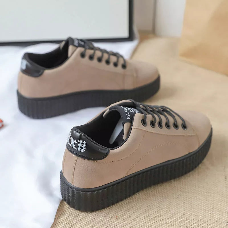 Women's black and khaki lace-up sports shoes with thick rubber sole