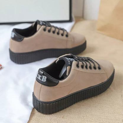 Women's black and khaki lace-up sports shoes with thick rubber sole