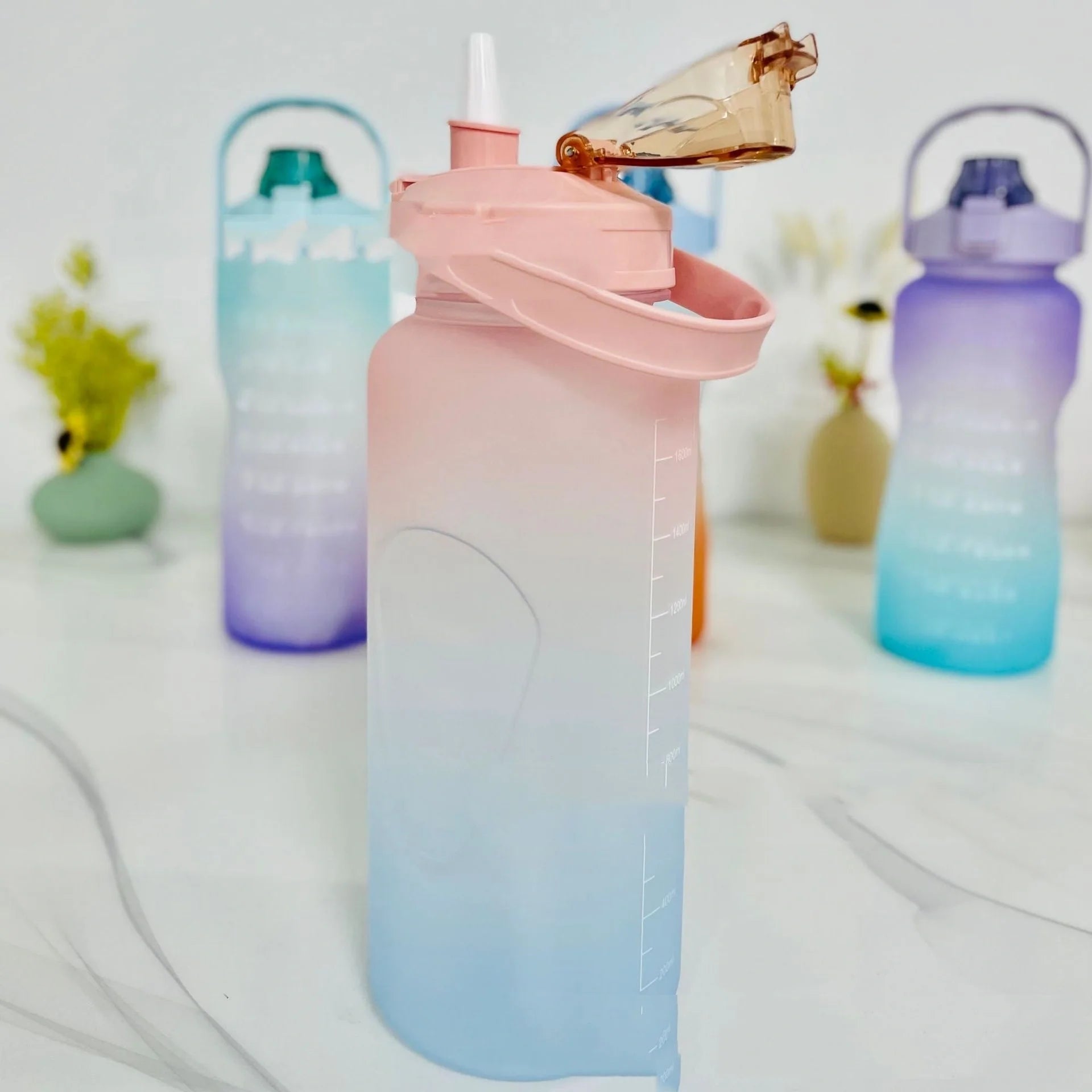 2.2L Large Capacity Half Gallon Plastic Space Cup with time markings and gradient colours