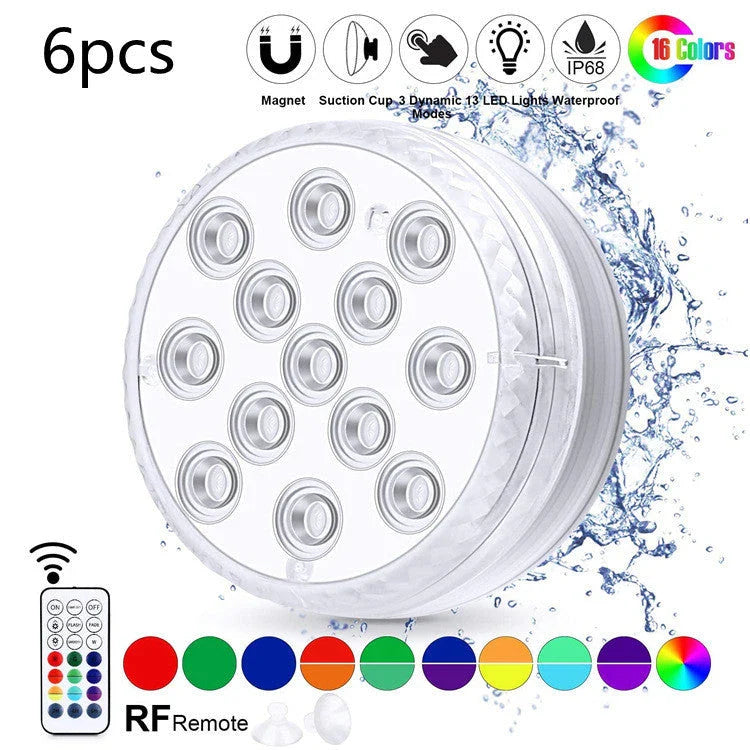 Wireless submersible LED lights with remote control, perfect for pools, spas, and outdoor decor