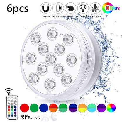 Wireless submersible LED lights with remote control, perfect for pools, spas, and outdoor decor