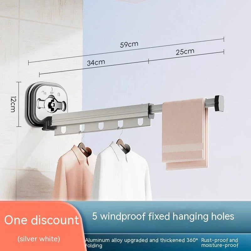 Aluminium suction cup folding clothes hanger with retractable drying rack for space-saving laundry drying
