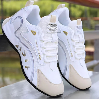 Stylish lace-up sneakers for men in various colorblock designs, featuring breathable mesh or leather uppers and lightweight construction for all-day comfort