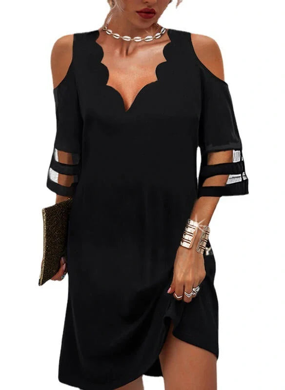 Women's summer chiffon dress with V-neck and mesh stitching in white and black
